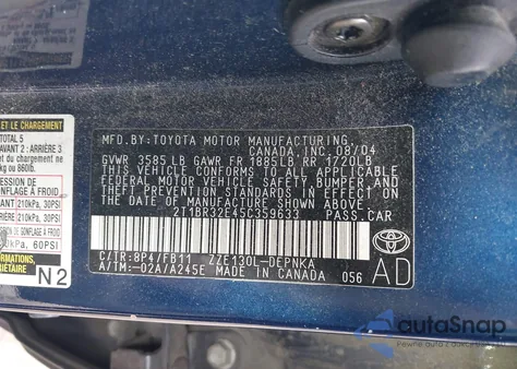 2005 Toyota Corolla Le z USA, uszkodzony, nr VIN 2T1BR32E45C359633